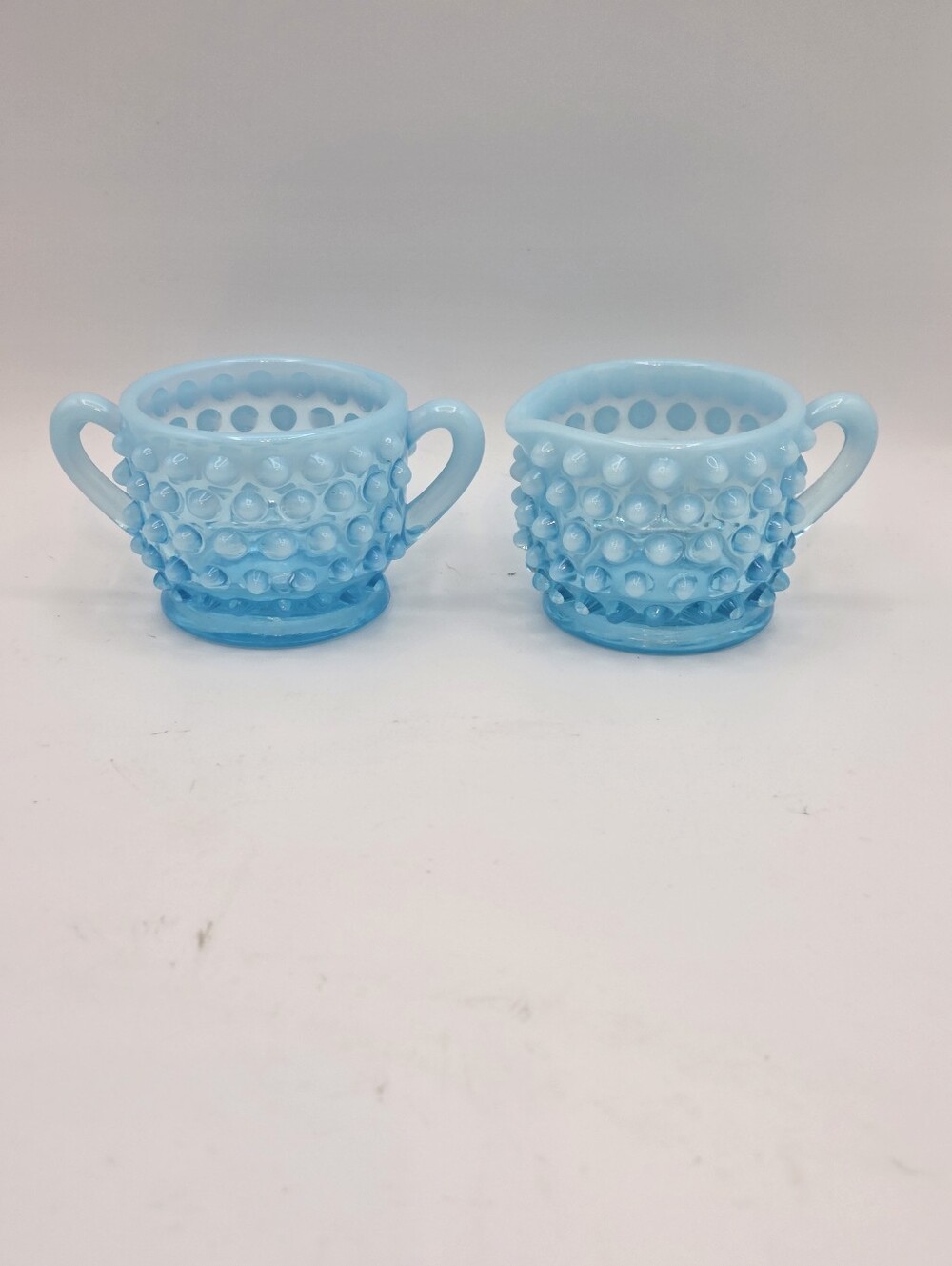 Vintage Fenton Blue Opalescent Hobnail Mini Cream and Sugar Set